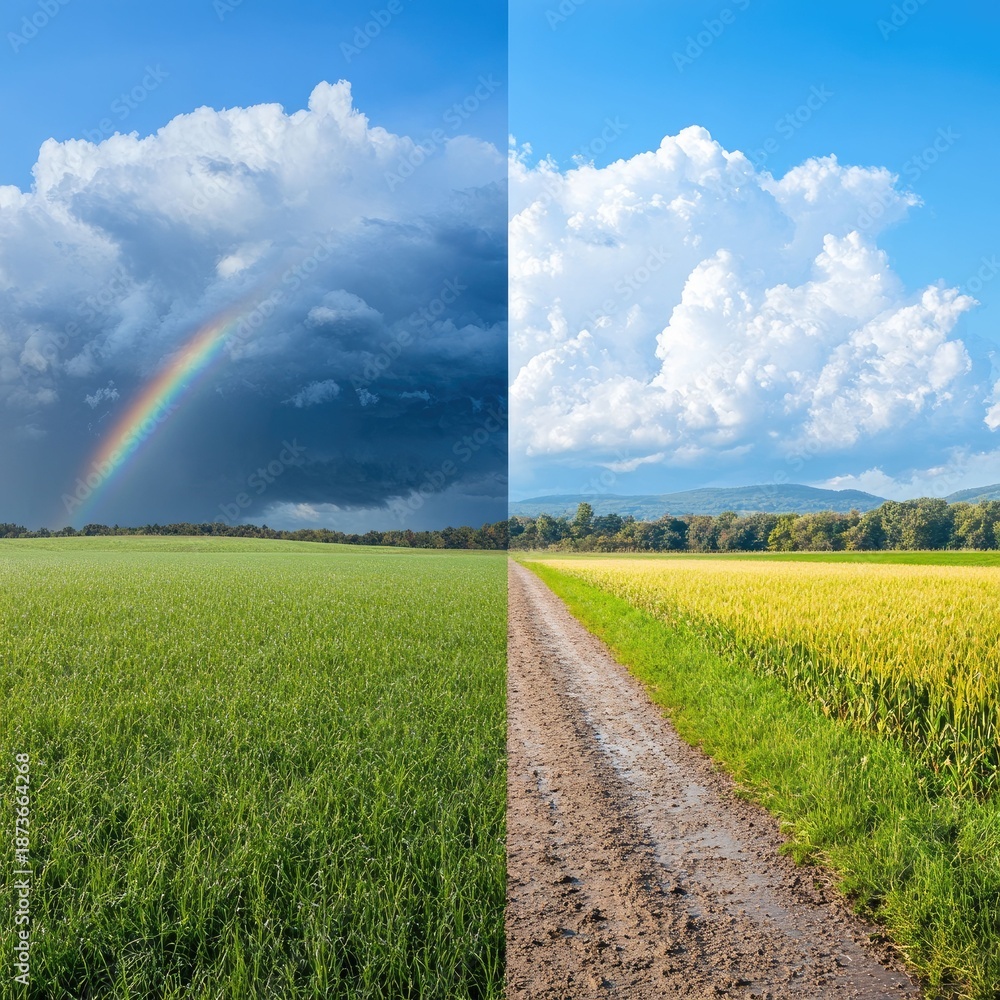 Fototapeta premium Nature's beauty a rainbow over lush green fields and clear blue sky rural landscape tranquil environment