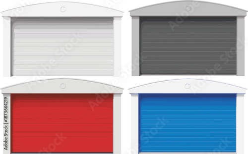 Collection of four industrial garage storage units with white, charcoal, red, and blue rolling shutter doors for warehouse and workshop concepts