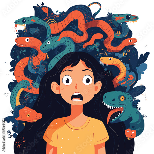 Herpetophobia fear of reptiles snakes and lizards vector illustration, girl surrounded by imaginary reptiles in panic attack and fear, mental health concept
