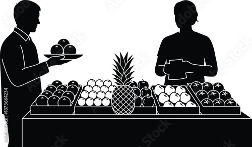 Fruit market stall silhouette, customer buying fresh produce from vendor, organic apples and pineapple on display table, grocery shopping vector illustration, isolated