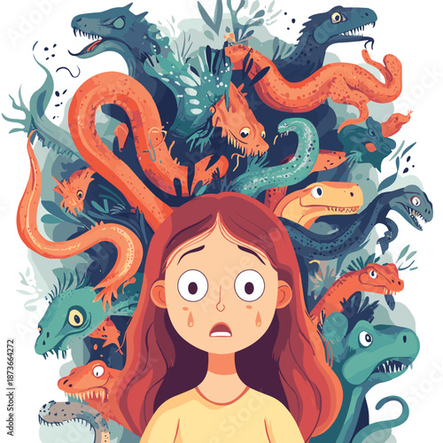 Herpetophobia fear of reptiles snakes and lizards vector illustration, girl surrounded by imaginary reptiles in panic attack and fear, mental health concept