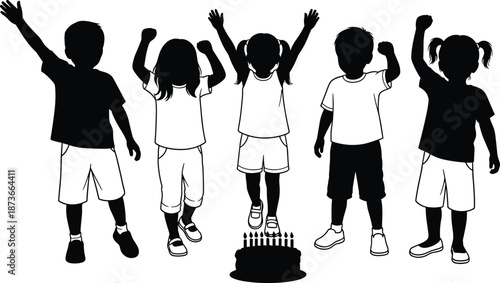 Group of happy children silhouettes celebrating birthday with cake, kids raising ,