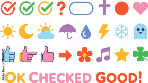 Colorful cartoon icons set, check marks, weather symbols, hand gestures, shapes, stickers, vector illustration, ok checked good text, white background