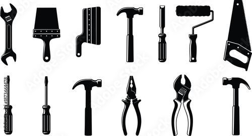 Hand tools silhouettes set for construction and repair work including hammer, wrench, screwdriver, saw, pliers, paintbrush, paint roller, and chisel icons, vector illustration,