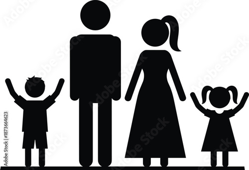 Happy family silhouette icon with parents and two children celebrating together, simple black vector illustration isolated on white background, family unity concept