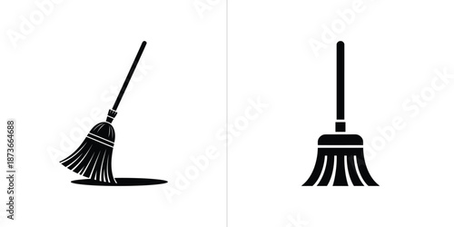 Two Different Black Broom Icons, Cleaning Broom Symbols, White Background Isolated