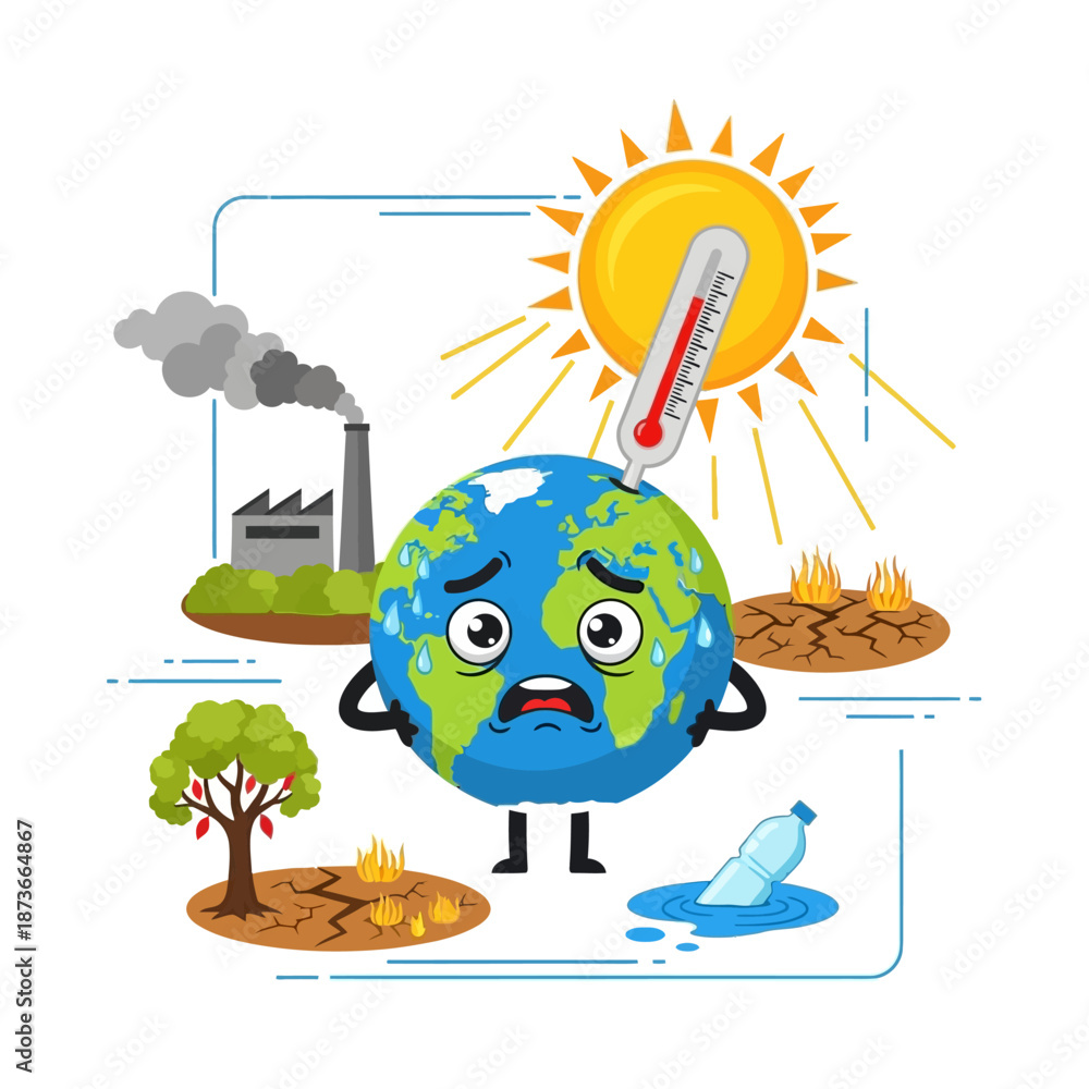 Fototapeta premium Sad Earth Character Suffering from Global Warming and Pollution