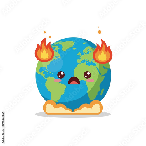 Sad Earth on Fire, Climate Change Concept, Global Warming Cartoon