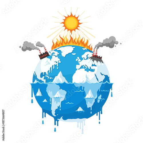 Global warming illustration: Earth melting, burning sun, industrial pollution, melting ice caps