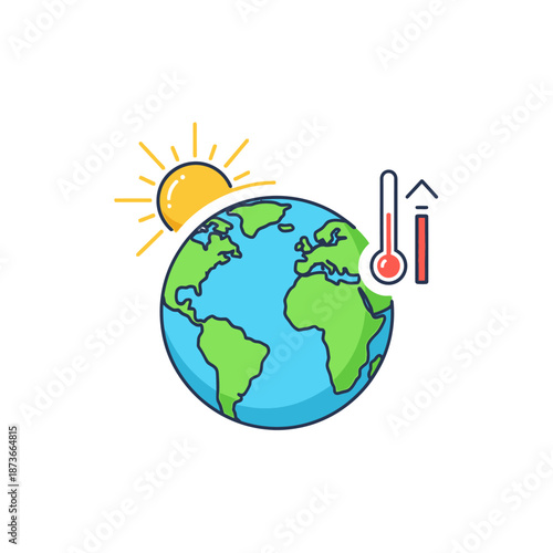 Earth warming icon: Sun, thermometer, rising temperature concept