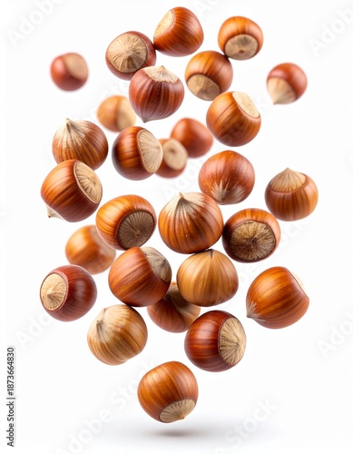 Wallpaper Mural Hazelnuts Floating in Air: A collection of fresh, brown hazelnuts suspended mid-air. This photorealistic capture highlights the organic beauty of these natural snacks.  Torontodigital.ca