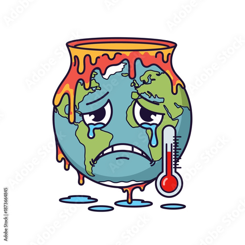 Sad Melting Earth Crying from Global Warming and High Temperature