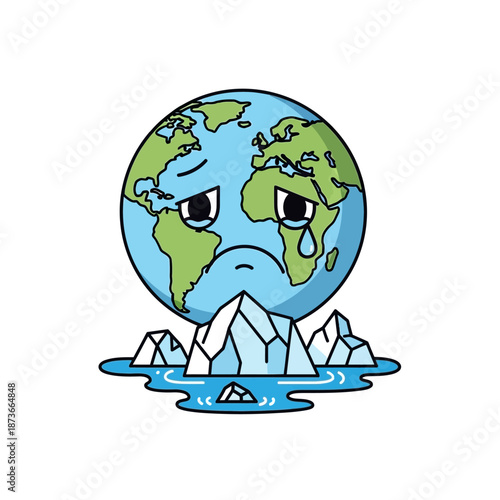 Sad Earth Crying Over Melting Icebergs and Climate Change