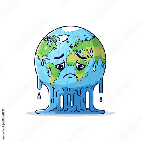 Melting Earth planet cartoon character sad expression, climate change concept