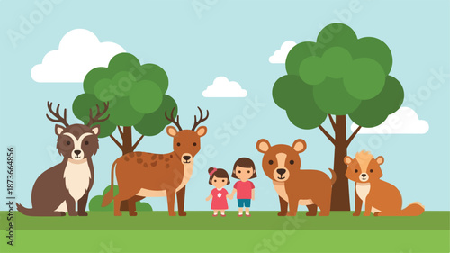 Children playing with deer, fox, and bear in a serene forest landscape under a clear blue sky