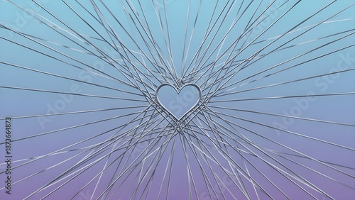 Symmetrical heart shape formed by intersecting metallic wires radiating outward on a blue and purple gradient background