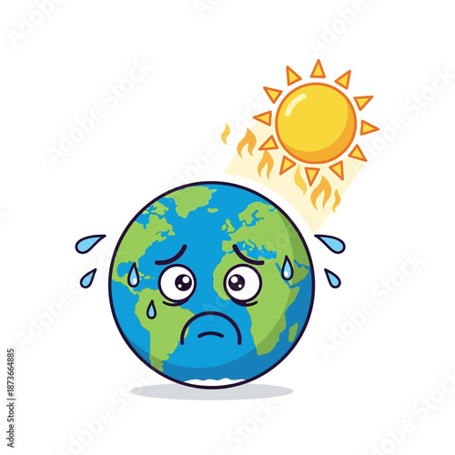 Sad Earth Sweating Under Hot Sun, Global Warming Concept Illustration
