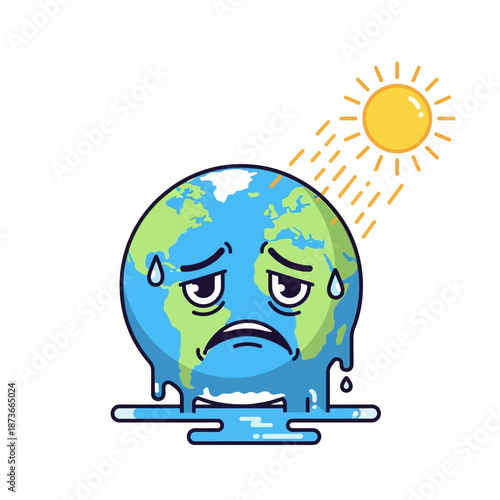 Melting Earth Character Suffering from Global Warming and Sun Heat