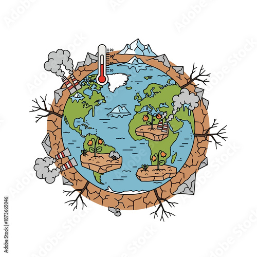 Global warming climate change Earth planet with melting ice and factory pollution
