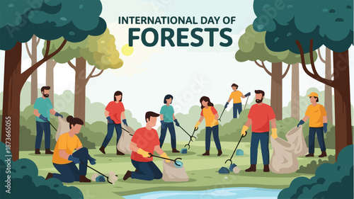 Community volunteers cleaning forest together on International Day of Forests