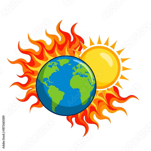 Earth in Flames with Sun: Global Warming and Climate Change Concept