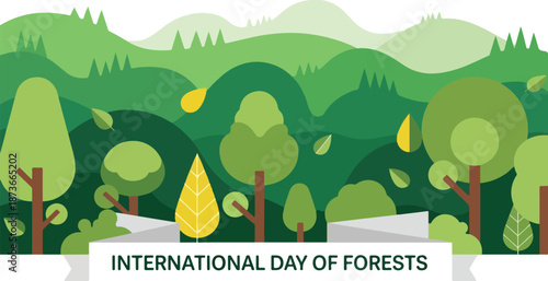 Celebrating International Day of Forests with vibrant illustration of lush green forests and trees from aerial viewpoint