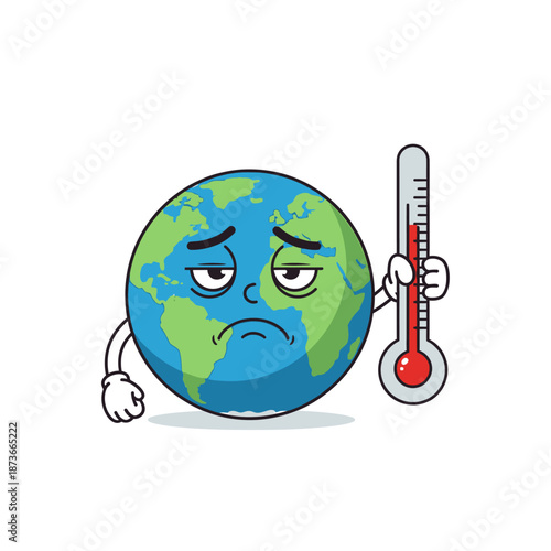 Sad Earth Character Holding Thermometer Showing High Temperature