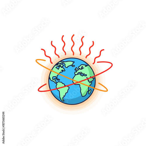Global Warming Illustration: Earth with Heat Waves and Orbiting Rings