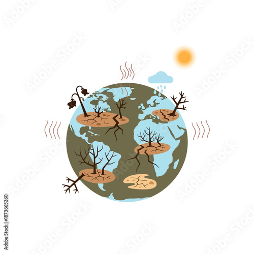 Drought stricken planet Earth, climate change, global warming, dry cracked land, dead trees