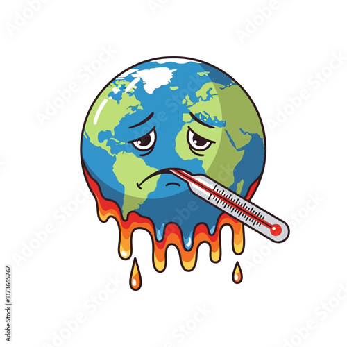 Sad Earth Melting With Thermometer - Global Warming Concept