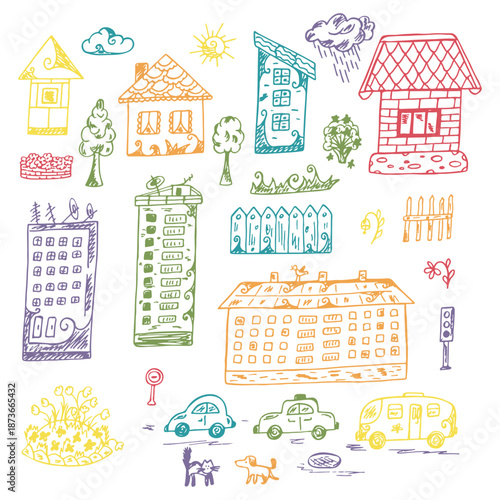 Colorful houses. Vector collection of doodle Cartoon houses