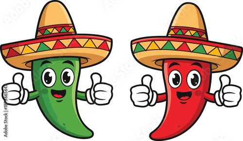 Cute cartoon chili peppers wearing sombrero hats illustration set showing green and red spicy Mexican food characters vector design