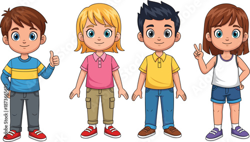 Happy cartoon children characters standing together illustration set showing boys and girls casual outfits cute kids vector design isolated collection