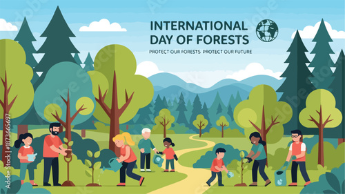 People walking through a forest on a scenic trail surrounded by trees on International Day of Forests