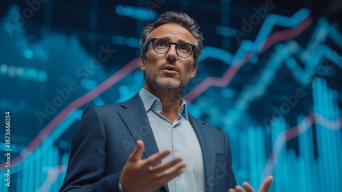 Businessman presenting investment strategies and financial market trends against a blue data screen