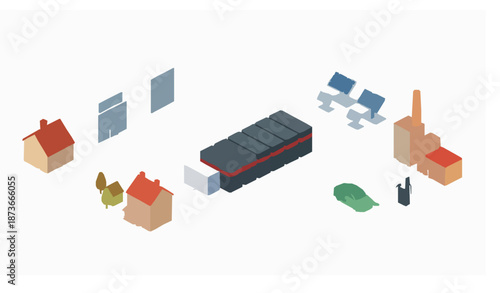 Isometric smart grid energy storage vector with virtual battery solar wind power buildings and electric car charging isolated on white background