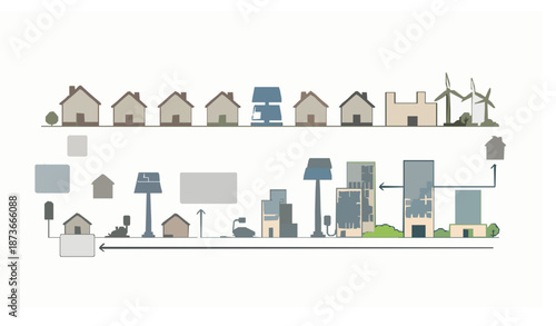 Renewable energy smart grid infographic vector with virtual battery storage solar wind system and EV charging isolated on white background