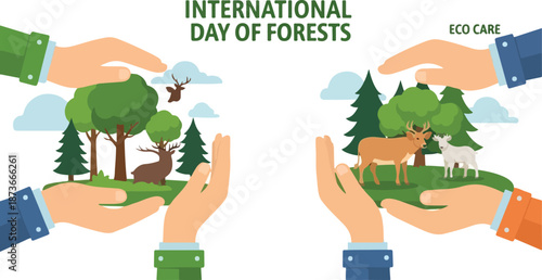 Hands holding earth with trees and wildlife, promoting eco care on International Day of Forests