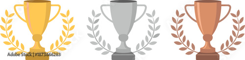 Gold silver and bronze trophy cups with laurel wreaths set isolated on white background for sports competition awards and achievement