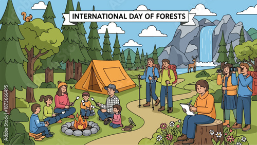 A group of people camping and celebrating the International Day of Forests in a serene forest landscape