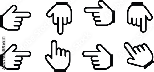 Hand cursor icon set, black line pointer vector collection, mouse click symbols, finger pointing signs, website navigation buttons, digital interface