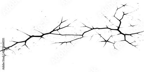 Broken glass pattern with a hole in the wall revealing a winter nature silhouette of black tree branches and birds against a cold sky illustration