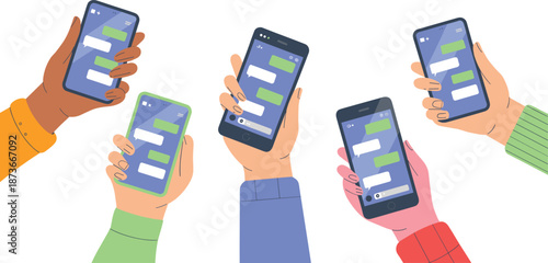 Hands holding smartphones with chat messaging app interface, diverse people texting, mobile communication concept, social media vector illustration, isolated white background