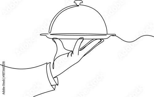 Continuous One Line Drawing of Hand Holding Food Tray Cloche.