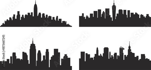 Four Black Silhouettes of City Skylines Against White Background urban cityscape