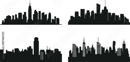 Four Black Silhouettes of City Skylines Against White Background urban cityscape