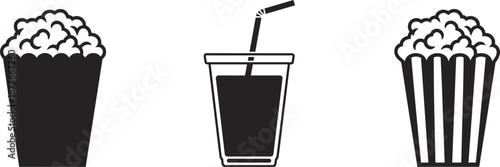 Popcorn And Drink Icons In Black And White For Cinema Or Snacks soda straw