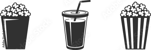 Popcorn Buckets And Soda Cup Icons In Dark Gray For Movies drink straw