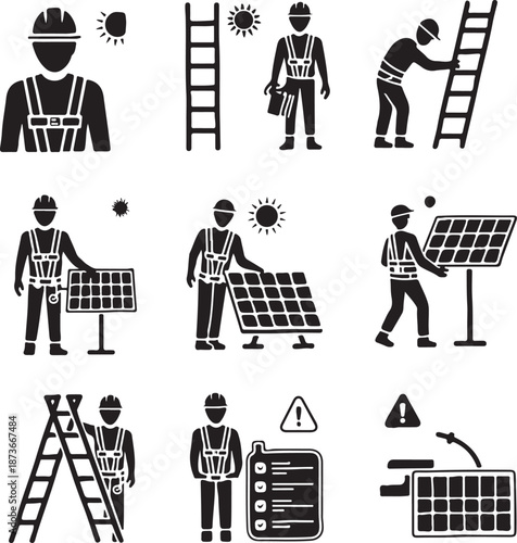 Solar panel installation workers icons set, technicians in hard hats and vests with ladders and photovoltaic modules