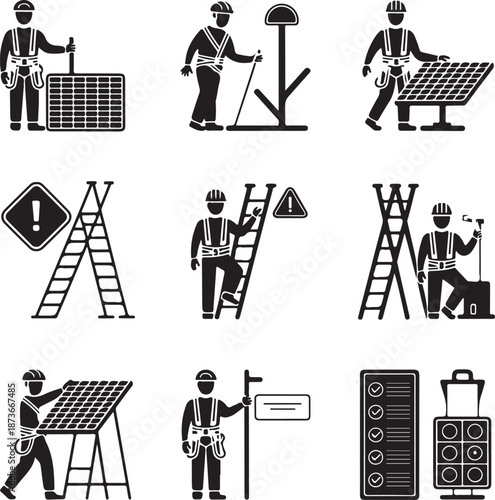 Solar panel installation workers, technicians with safety gear, eco-friendly energy solutions